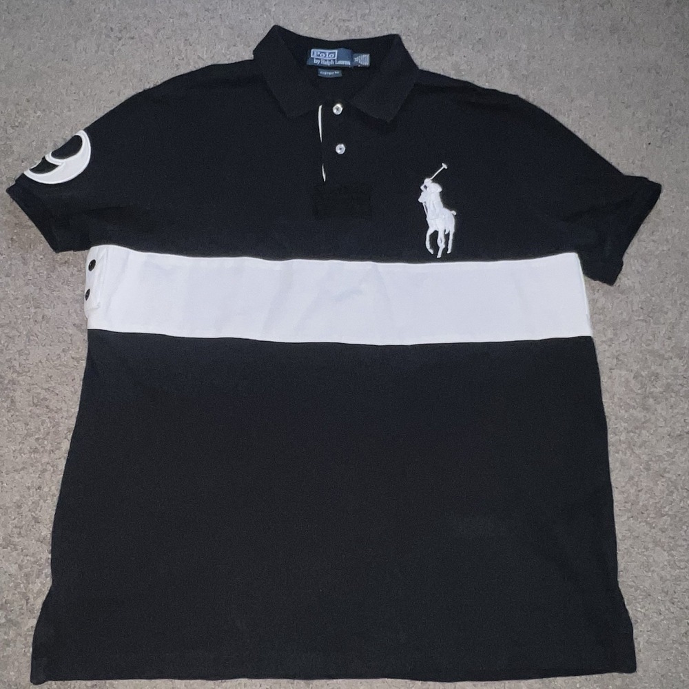 Polo Ralph Lauren Big Pony #9 Custom Fit Polo Mens XL Black White Stripe